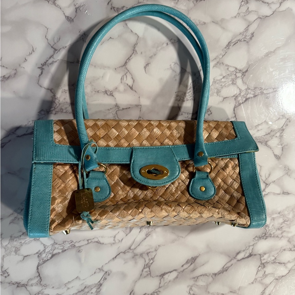 Elegant Woven Tan and Aqua Shoulder Bag with sprawl to balance